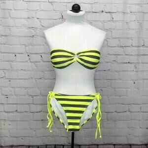 Heat Bikini Swimsuit Women's Top Size S Botton Size M Neon Yellow/Grey Striped